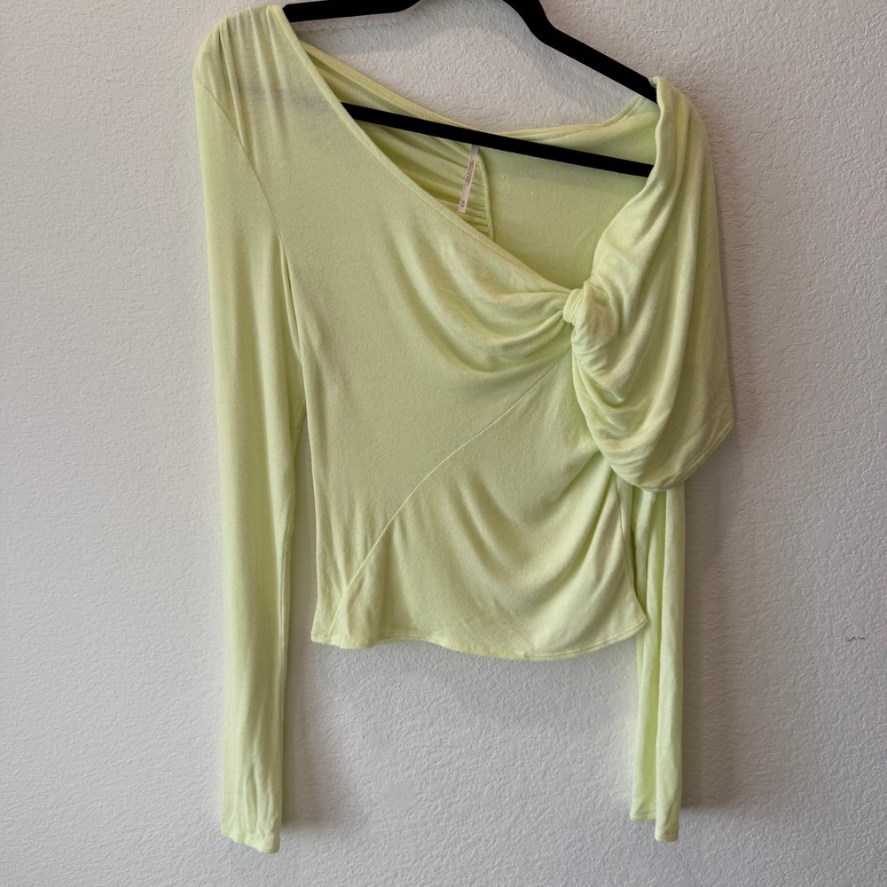 Free People Lime Green Knot Front Asymmetrical Off Shoulder Ribbed Top Medium